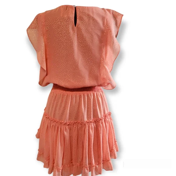 MISA LOS ANGELES small (S) coral peach gold foild confetti ruffles mini dress - Picture 2 of 16